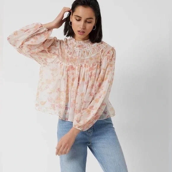 French Connection Tops - FRENCH CONNECTION Euc small mock neck ruffle details blouse long sleeve peach